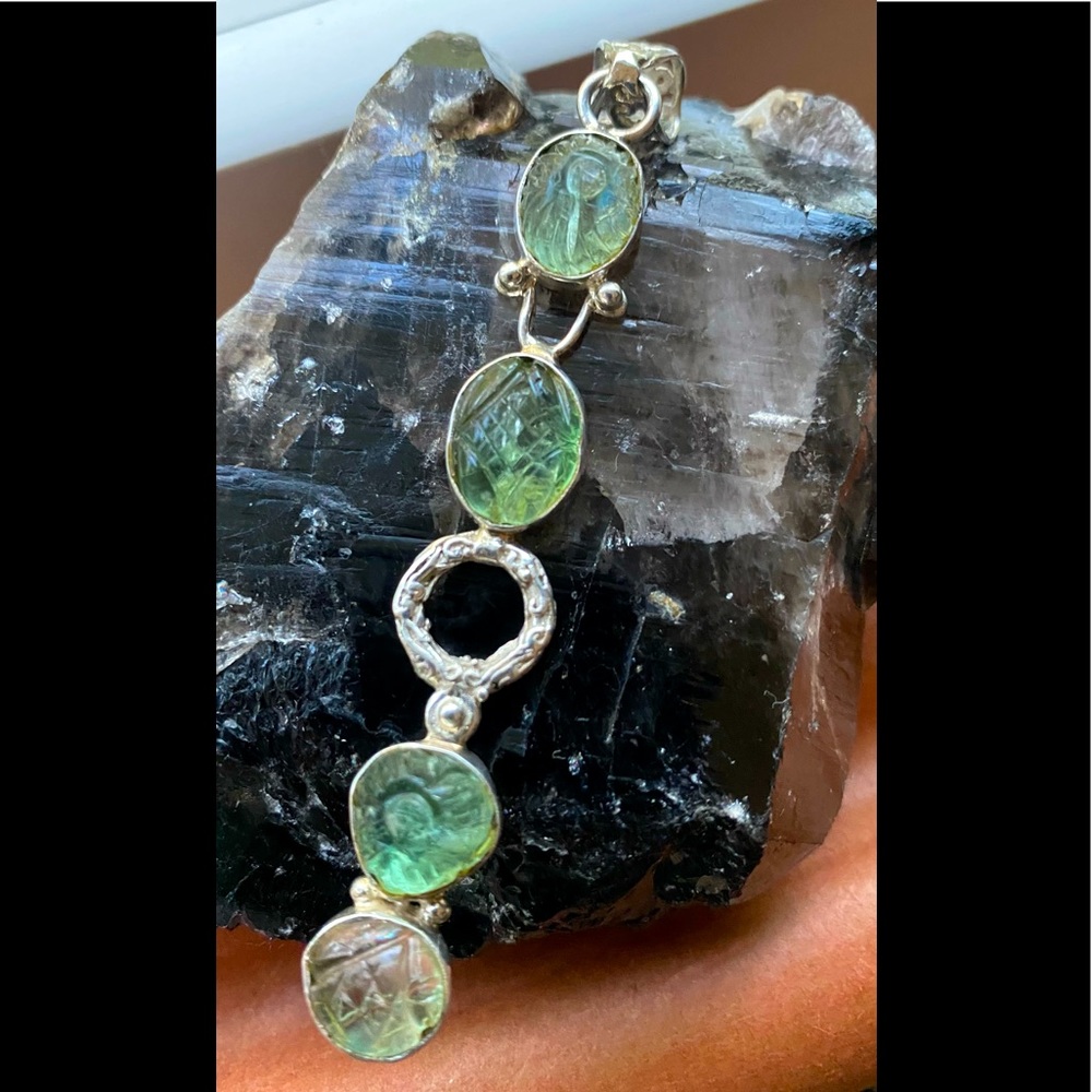 4 stone carved Prehnite pendant (1/2” x 3”) Sterling 925